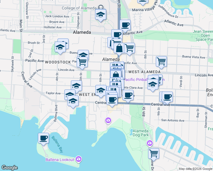 map of restaurants, bars, coffee shops, grocery stores, and more near 618 Santa Clara Avenue in Alameda
