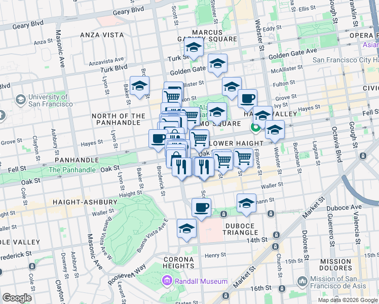 map of restaurants, bars, coffee shops, grocery stores, and more near 984 Oak Street in San Francisco