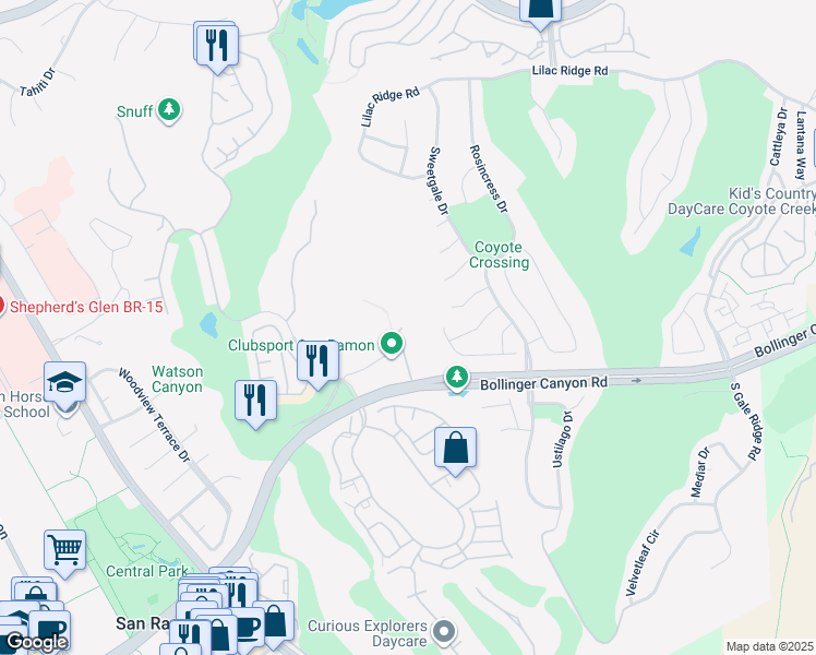 map of restaurants, bars, coffee shops, grocery stores, and more near 490 Bollinger Canyon Lane in San Ramon