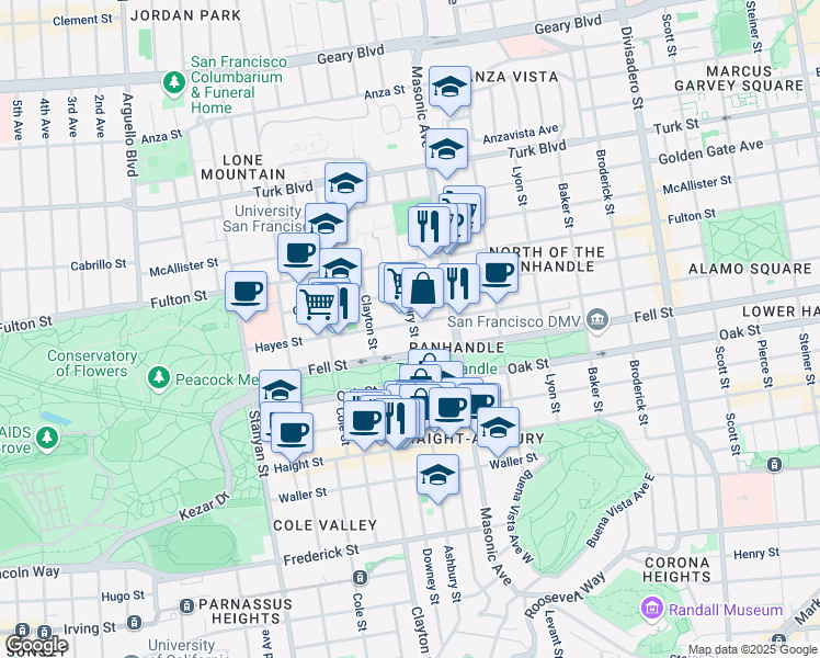 map of restaurants, bars, coffee shops, grocery stores, and more near 1820 Fell Street in San Francisco