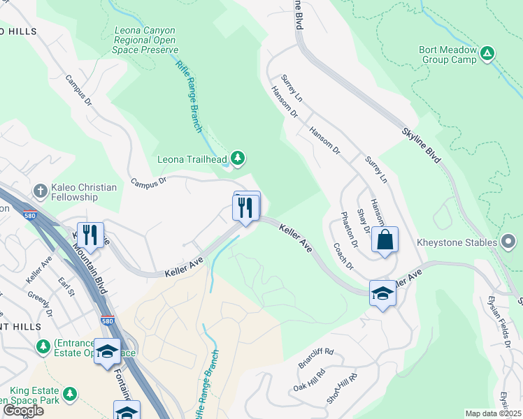 map of restaurants, bars, coffee shops, grocery stores, and more near 700 Canyon Oaks Drive in Oakland