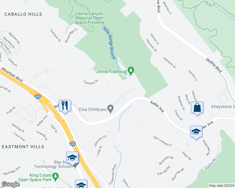 map of restaurants, bars, coffee shops, grocery stores, and more near 505 Canyon Oaks Drive in Oakland