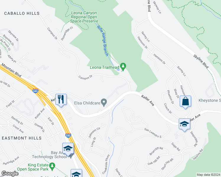 map of restaurants, bars, coffee shops, grocery stores, and more near 525 Canyon Oaks Drive in Oakland