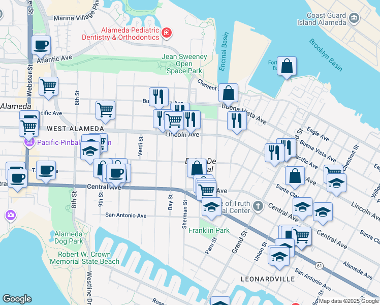 map of restaurants, bars, coffee shops, grocery stores, and more near 1516 Sherman Street in Alameda