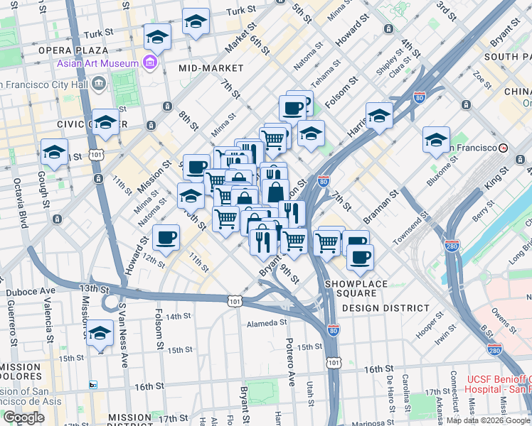 map of restaurants, bars, coffee shops, grocery stores, and more near 1222 Harrison Street in San Francisco