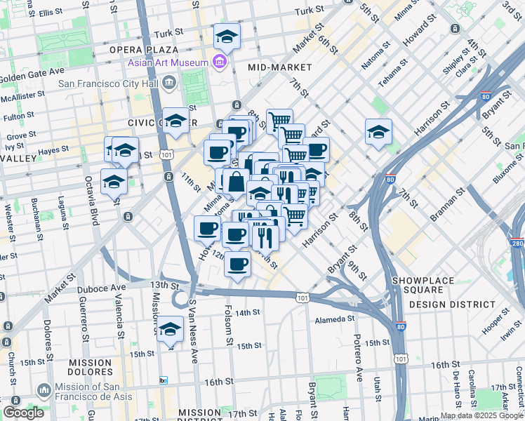 map of restaurants, bars, coffee shops, grocery stores, and more near 250 10th Street in San Francisco