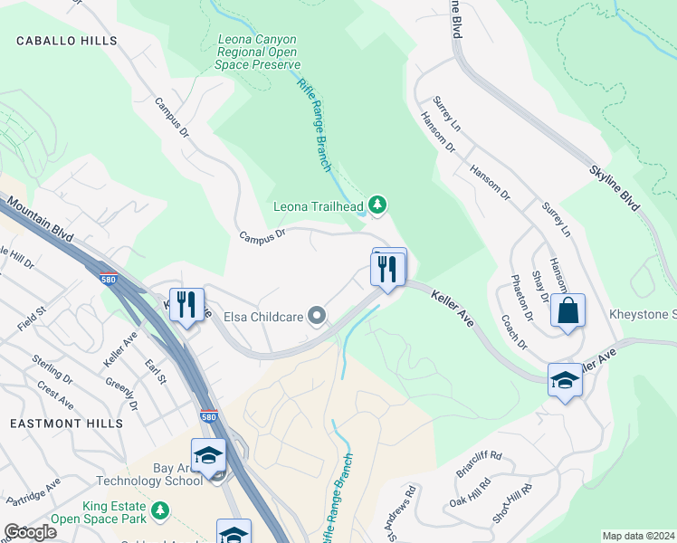 map of restaurants, bars, coffee shops, grocery stores, and more near 515 Canyon Oaks Drive in Oakland