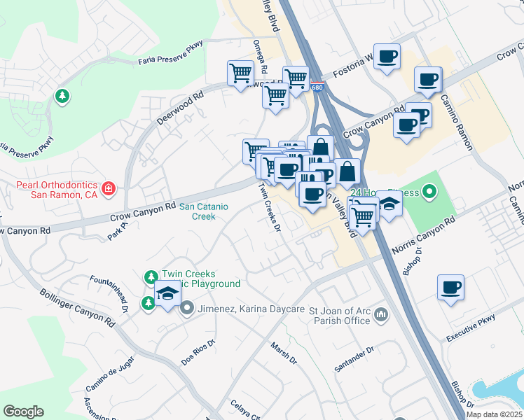 map of restaurants, bars, coffee shops, grocery stores, and more near in San Ramon