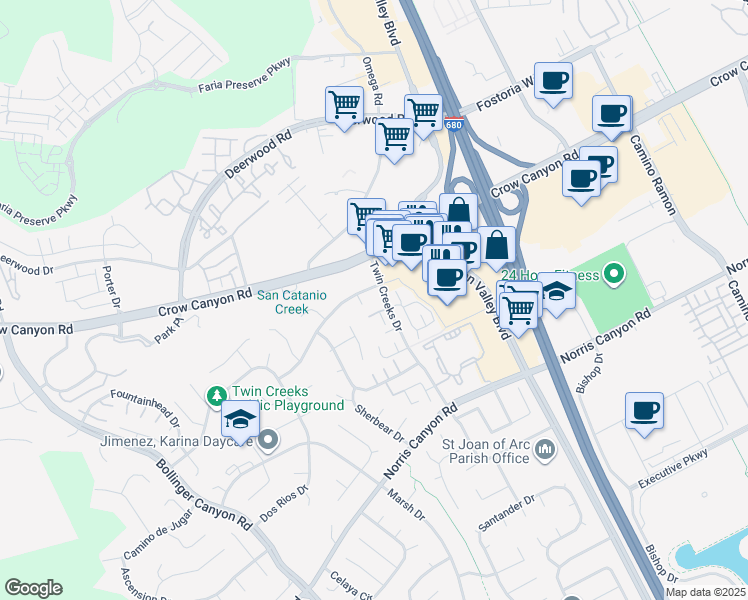 map of restaurants, bars, coffee shops, grocery stores, and more near 412 Carillo Court in San Ramon