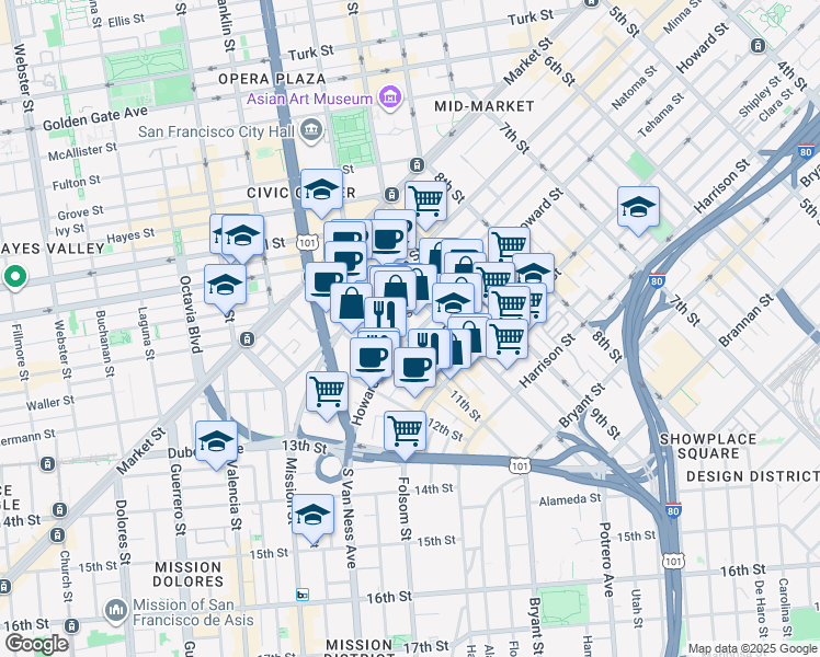 map of restaurants, bars, coffee shops, grocery stores, and more near 969 Natoma Street in San Francisco