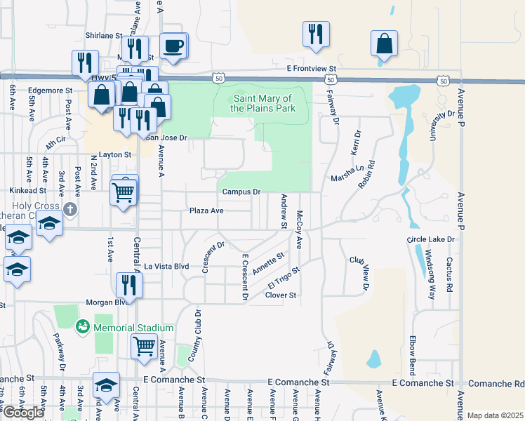 map of restaurants, bars, coffee shops, grocery stores, and more near 2210 Hillside Avenue in Dodge City