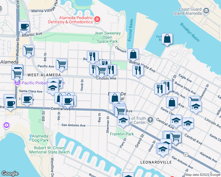 map of restaurants, bars, coffee shops, grocery stores, and more near 1516 Sherman Street in Alameda