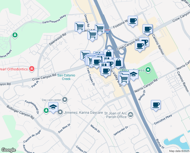 map of restaurants, bars, coffee shops, grocery stores, and more near 101 Compton Circle in San Ramon