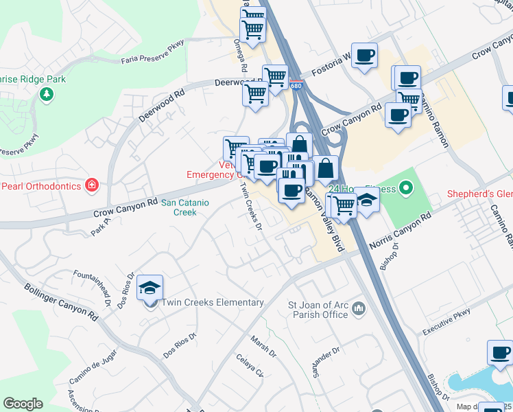 map of restaurants, bars, coffee shops, grocery stores, and more near 101 Compton Circle in San Ramon