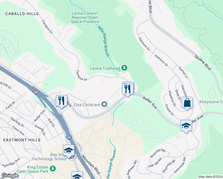 map of restaurants, bars, coffee shops, grocery stores, and more near 505 Canyon Oaks Drive in Oakland