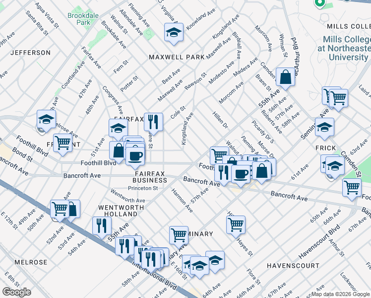 map of restaurants, bars, coffee shops, grocery stores, and more near in Oakland