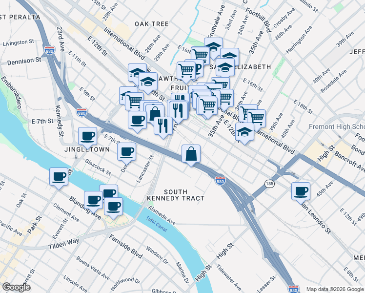 map of restaurants, bars, coffee shops, grocery stores, and more near 824 34th Avenue in Oakland