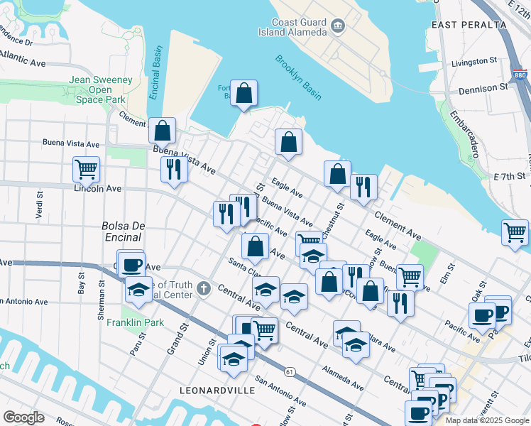map of restaurants, bars, coffee shops, grocery stores, and more near 1739 Pacific Avenue in Alameda