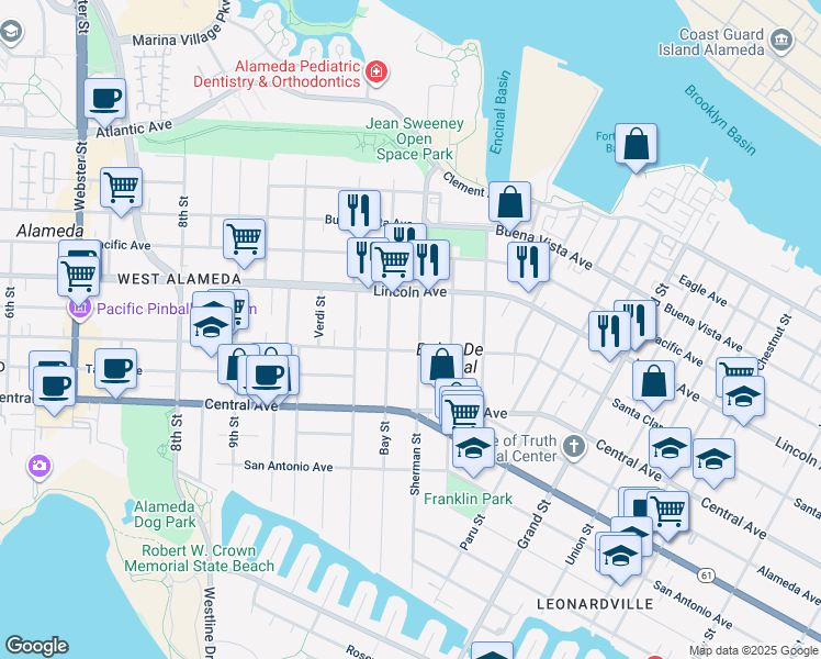 map of restaurants, bars, coffee shops, grocery stores, and more near 1224 Santa Clara Avenue in Alameda