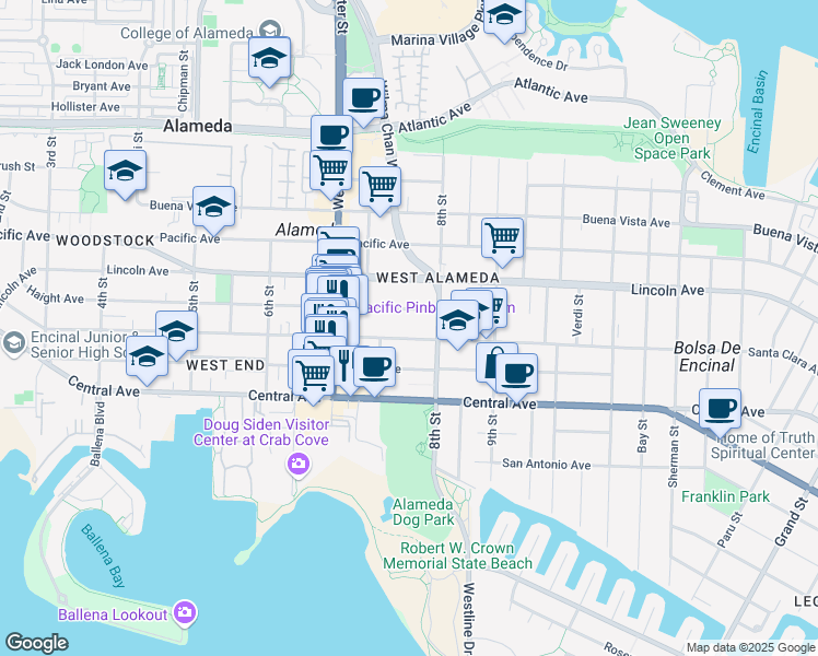 map of restaurants, bars, coffee shops, grocery stores, and more near 760 Santa Clara Avenue in Alameda