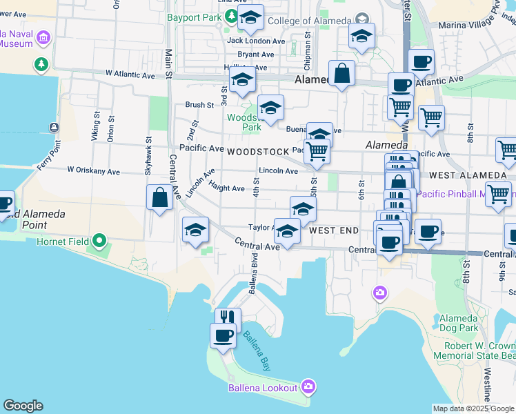 map of restaurants, bars, coffee shops, grocery stores, and more near 1436 4th Street in Alameda