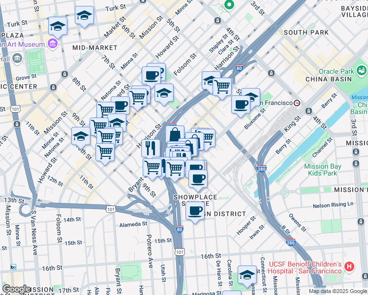 map of restaurants, bars, coffee shops, grocery stores, and more near 360 Langton Street in San Francisco