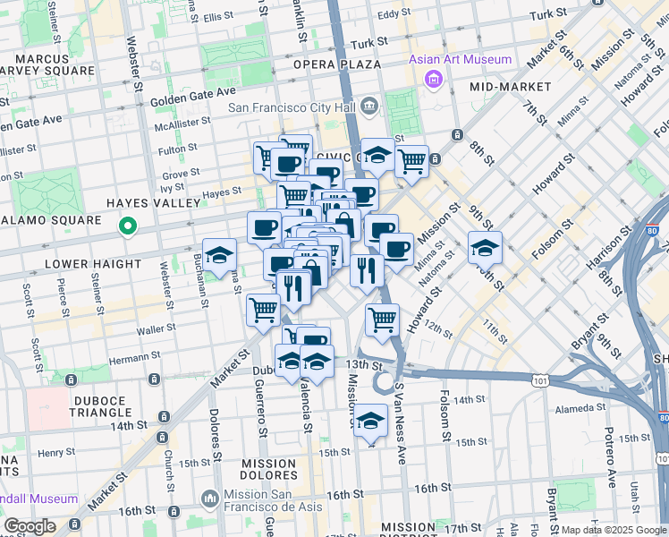 map of restaurants, bars, coffee shops, grocery stores, and more near 1206 Stevenson Street in San Francisco