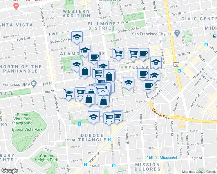 map of restaurants, bars, coffee shops, grocery stores, and more near 565 Page Street in San Francisco