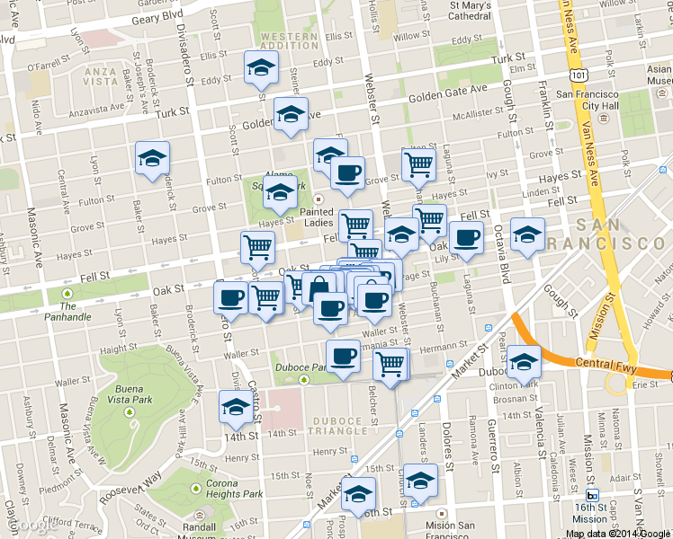 map of restaurants, bars, coffee shops, grocery stores, and more near 659 Page Street in San Francisco
