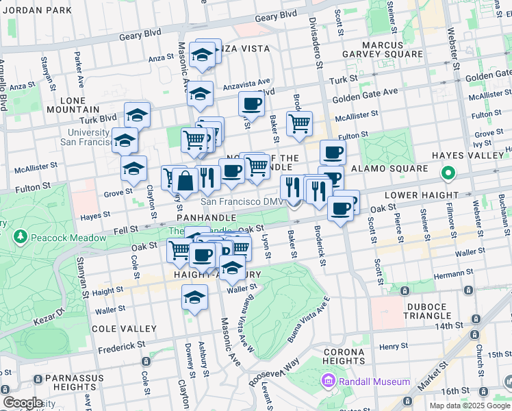 map of restaurants, bars, coffee shops, grocery stores, and more near 1544 Fell Street in San Francisco