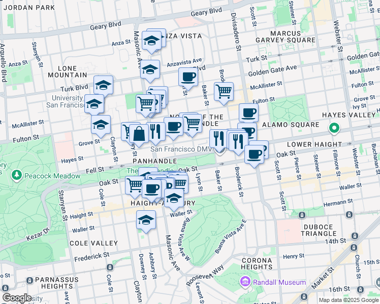 map of restaurants, bars, coffee shops, grocery stores, and more near 1544 Fell Street in San Francisco