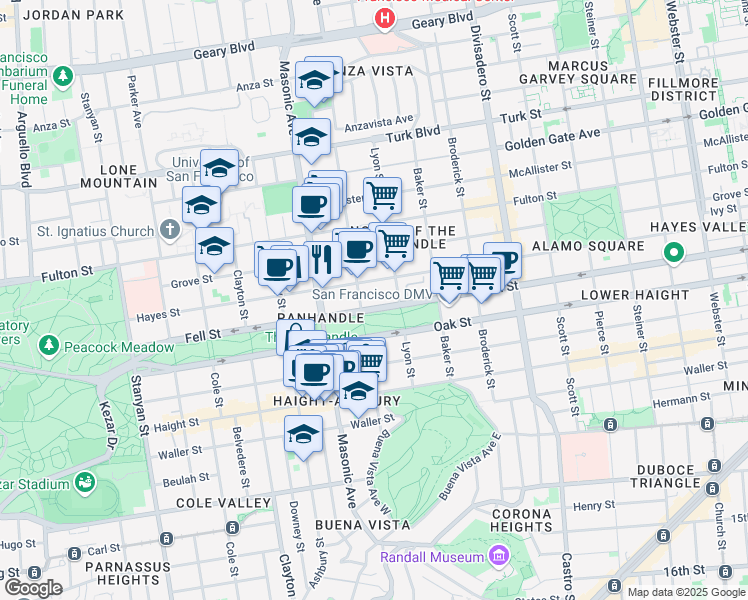 map of restaurants, bars, coffee shops, grocery stores, and more near 1544 Fell Street in San Francisco