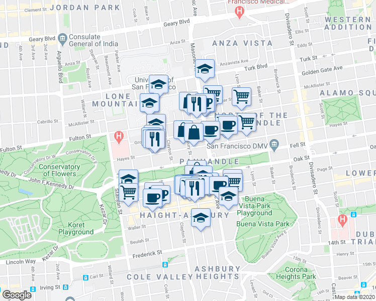 map of restaurants, bars, coffee shops, grocery stores, and more near 1820 Fell Street in San Francisco