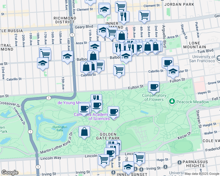 map of restaurants, bars, coffee shops, grocery stores, and more near 429 John F Kennedy Drive in San Francisco
