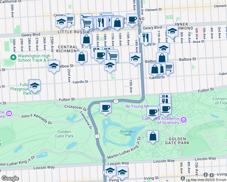 map of restaurants, bars, coffee shops, grocery stores, and more near 4150 Fulton Street in San Francisco