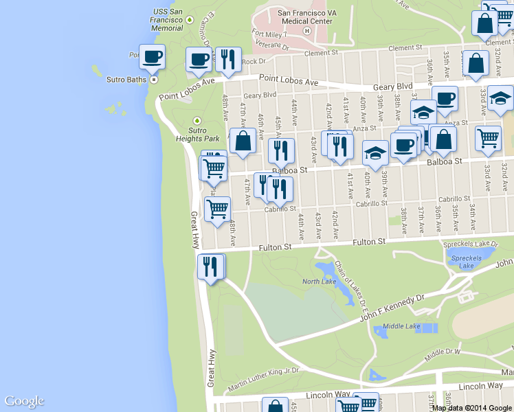 map of restaurants, bars, coffee shops, grocery stores, and more near 813 47th Avenue in San Francisco