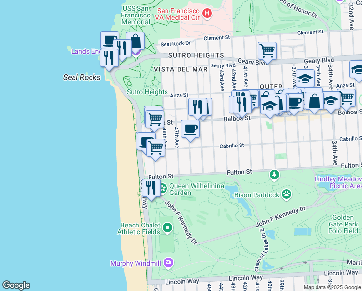 map of restaurants, bars, coffee shops, grocery stores, and more near 813 47th Avenue in San Francisco
