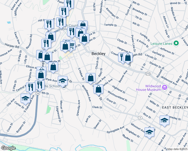 map of restaurants, bars, coffee shops, grocery stores, and more near 235 Church Street in Beckley