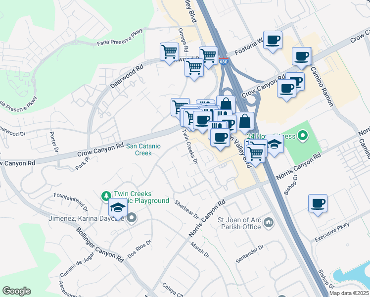map of restaurants, bars, coffee shops, grocery stores, and more near 412 Carillo Court in San Ramon