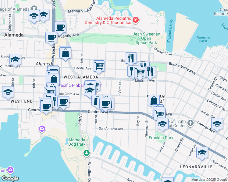 map of restaurants, bars, coffee shops, grocery stores, and more near 1512 Mozart Street in Alameda
