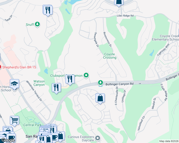 map of restaurants, bars, coffee shops, grocery stores, and more near 480 Bollinger Canyon Lane in San Ramon