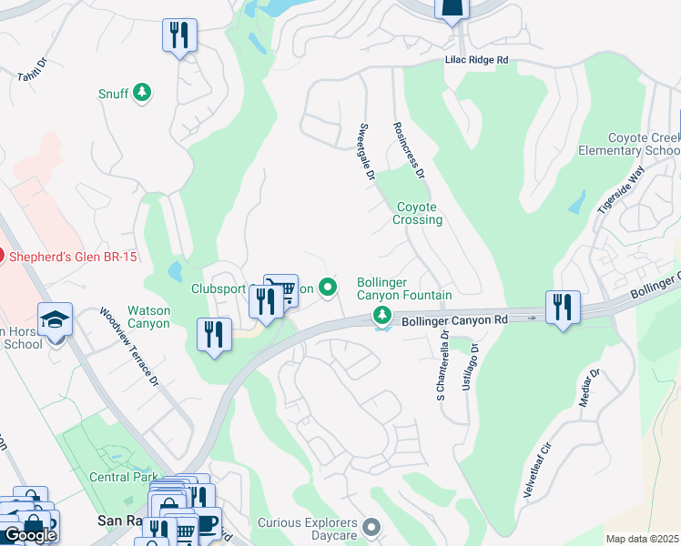 map of restaurants, bars, coffee shops, grocery stores, and more near 490 Bollinger Canyon Lane in San Ramon
