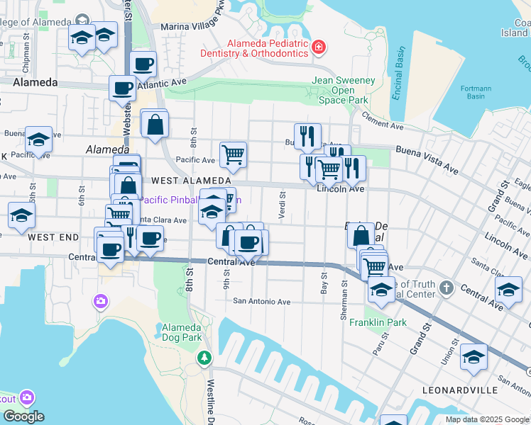 map of restaurants, bars, coffee shops, grocery stores, and more near 1512 Mozart Street in Alameda