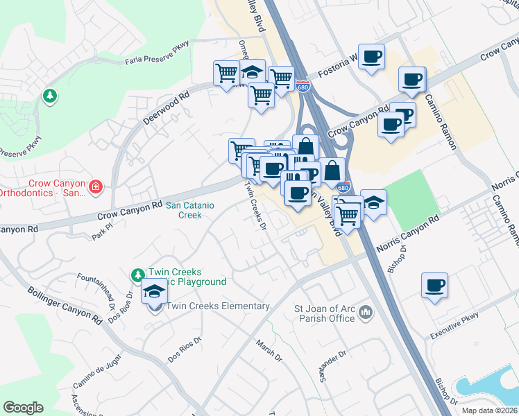 map of restaurants, bars, coffee shops, grocery stores, and more near 212 Compton Circle in San Ramon