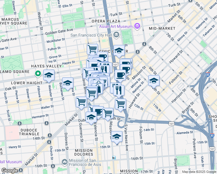 map of restaurants, bars, coffee shops, grocery stores, and more near 1621 Market Street in San Francisco