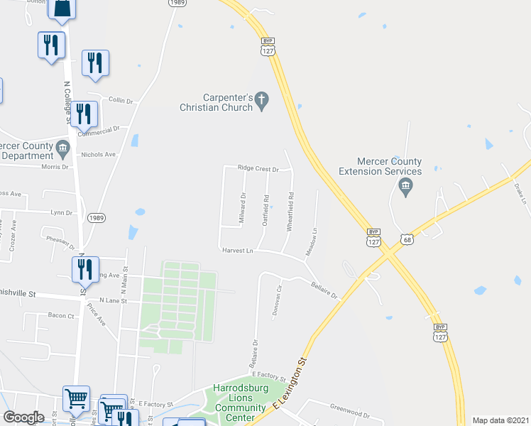 map of restaurants, bars, coffee shops, grocery stores, and more near 911 Oatfield Road in Harrodsburg