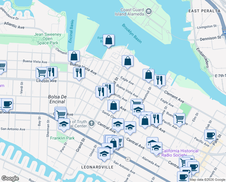 map of restaurants, bars, coffee shops, grocery stores, and more near 1615 Minturn Street in Alameda