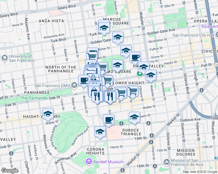 map of restaurants, bars, coffee shops, grocery stores, and more near 980 Oak Street in San Francisco