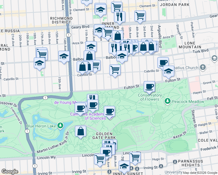 map of restaurants, bars, coffee shops, grocery stores, and more near 429 John F Kennedy Drive in San Francisco