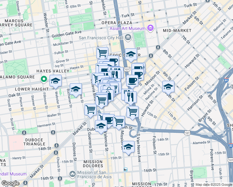 map of restaurants, bars, coffee shops, grocery stores, and more near 1629 Market Street in San Francisco